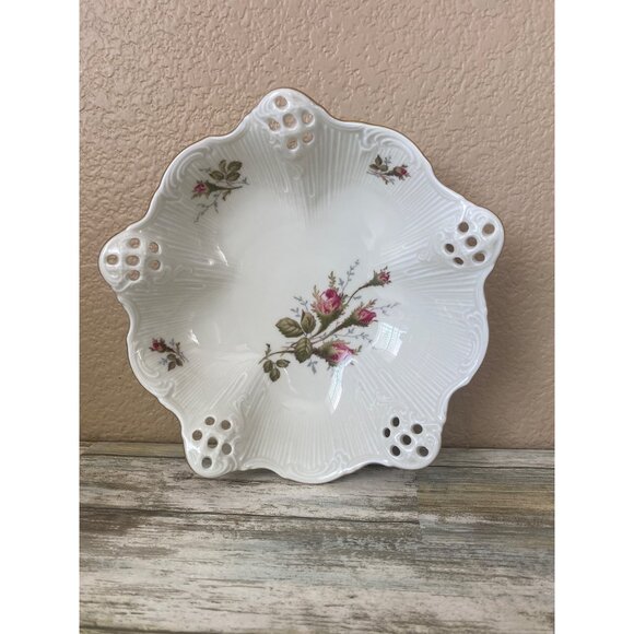 Classic Rose Rosenthal Germany Reticulated Bowl Pink Roses Gold Trim 7.5" - Picture 3 of 9